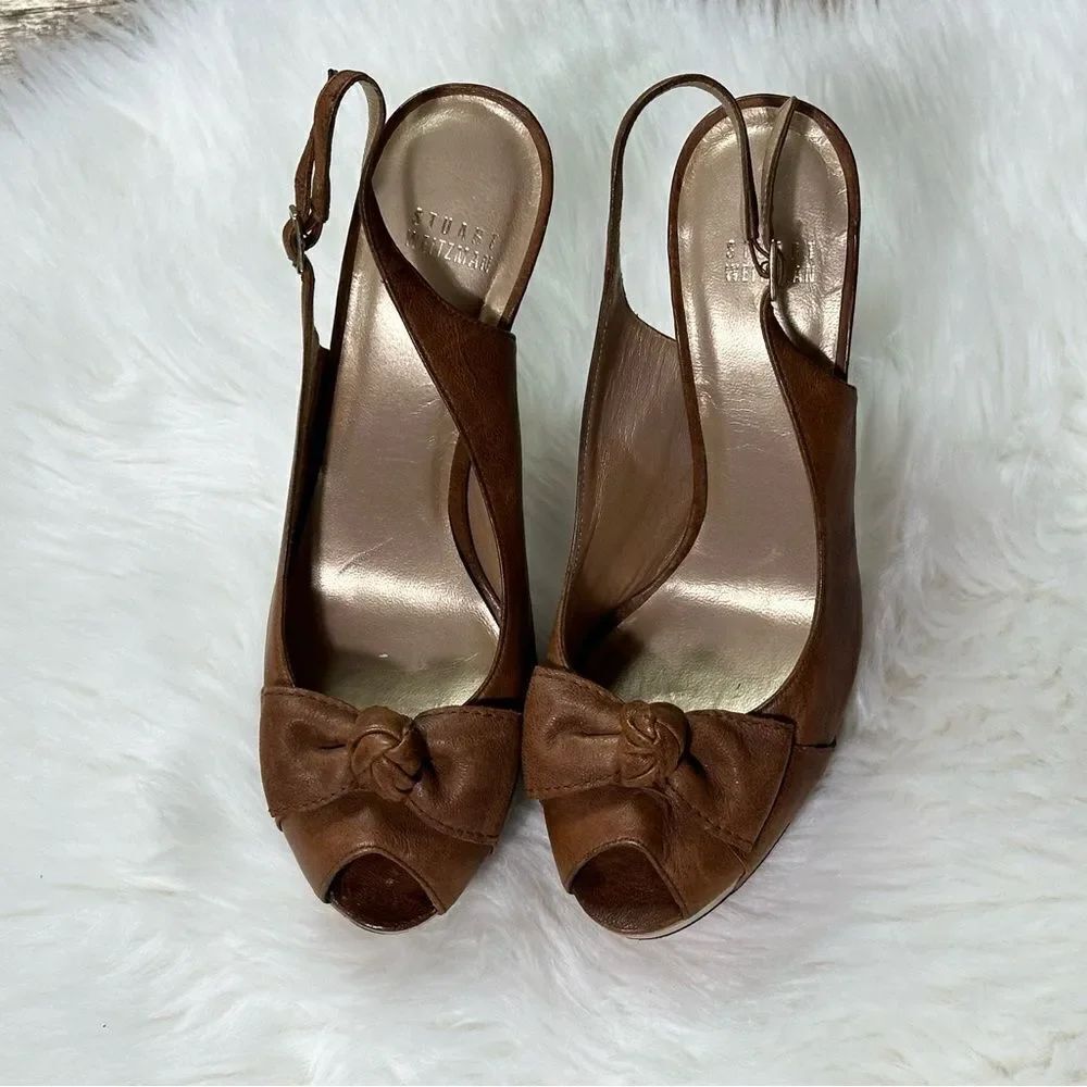 Stuart Weitzman Brown Slingback Heels with Bow Detail